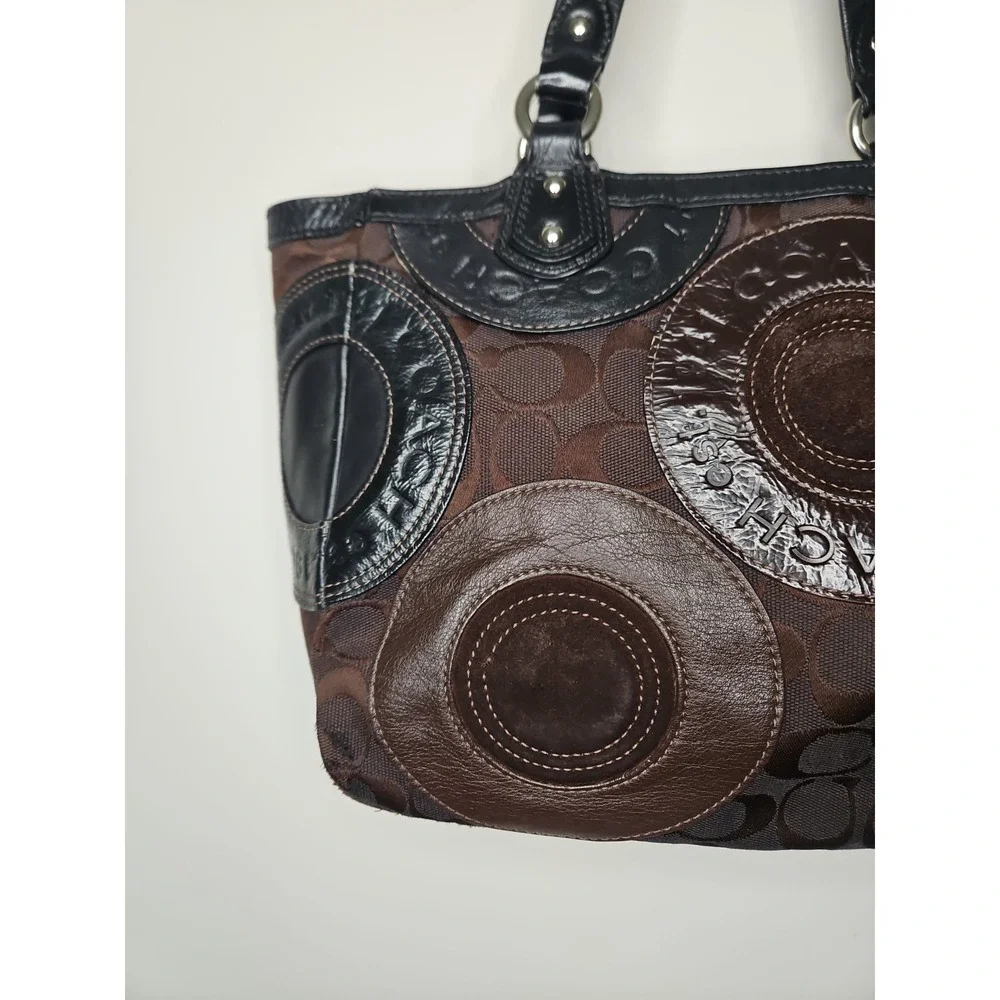Coach Bag Circle Patchwork F15466 Brown Black Suede Leather East West Tote
